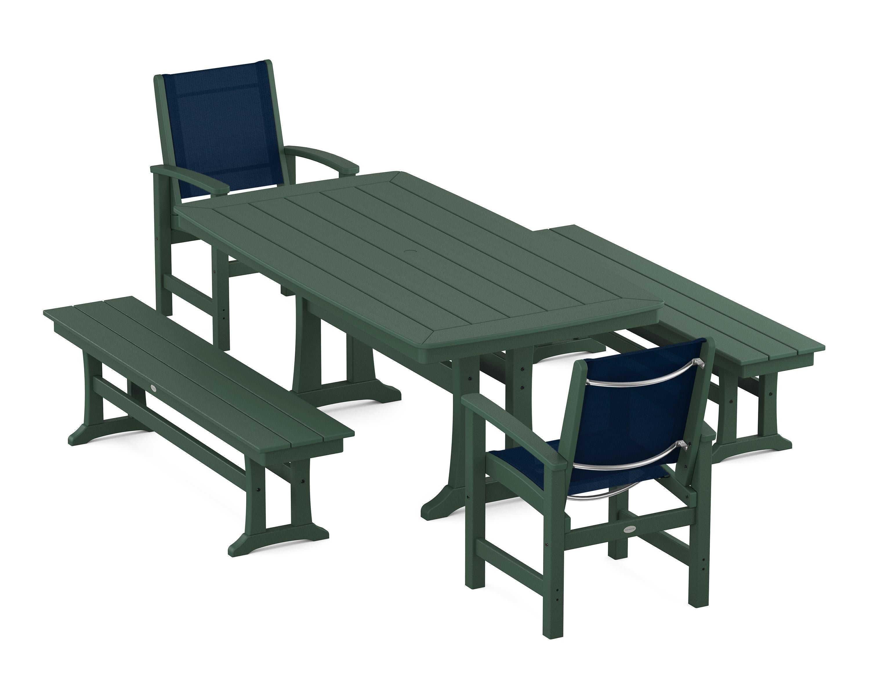POLYWOOD® Coastal 5-Piece Dining Set with Trestle Legs and Benches in Green / Navy Blue Sling
