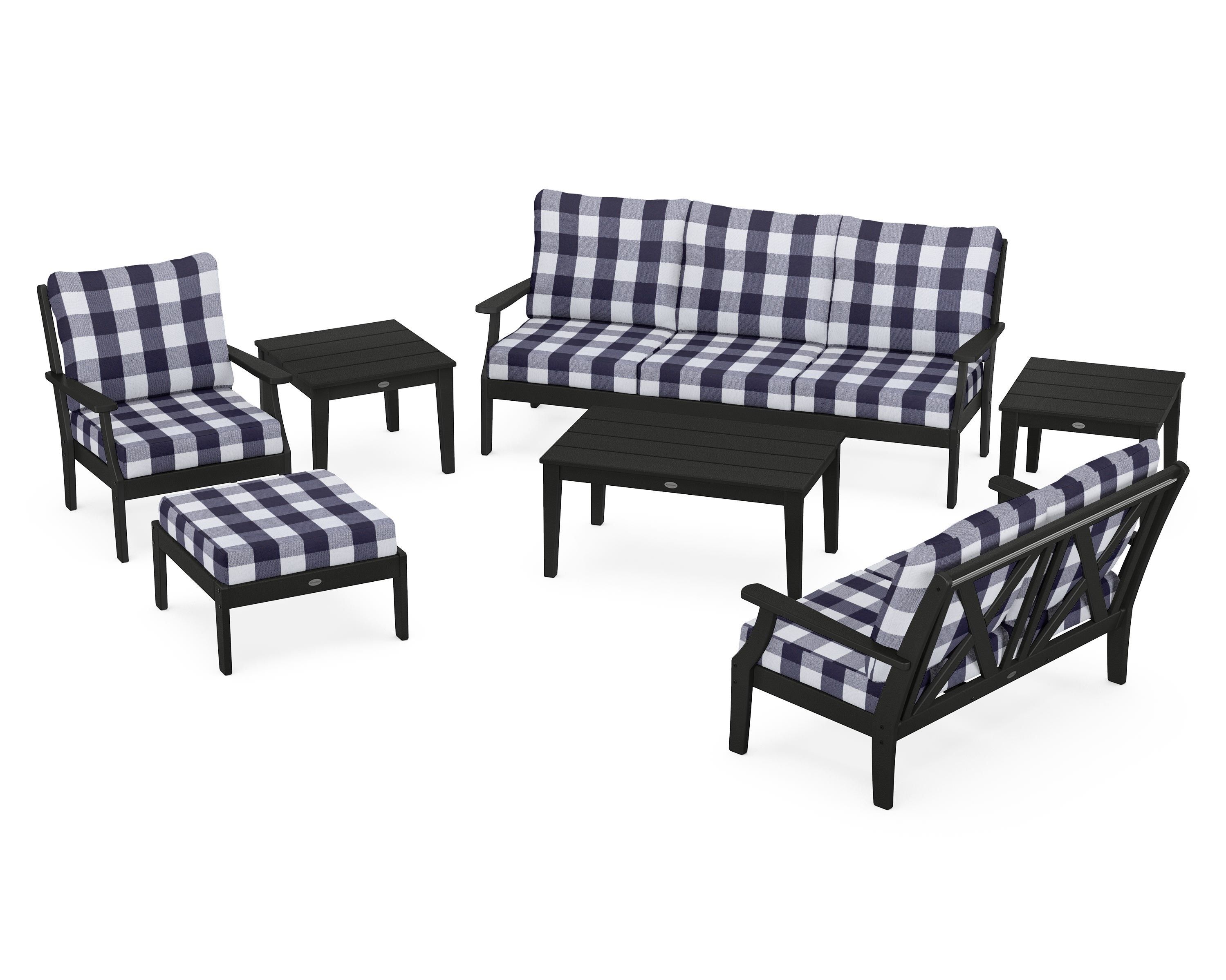 POLYWOOD® Braxton 7-Piece Deep Seating Set in Black / Buffalo Plaid Navy