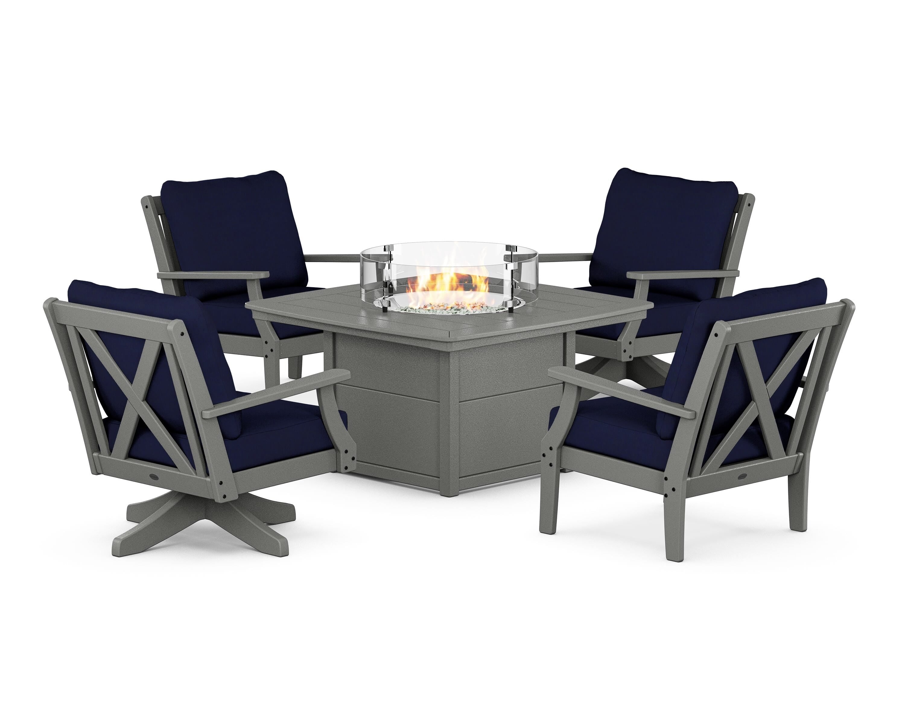 POLYWOOD® Braxton 5-Piece Deep Seating Set with Fire Table in Slate Grey / Navy