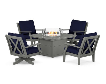 POLYWOOD® Braxton 5-Piece Deep Seating Set with Fire Table in Slate Grey / Navy