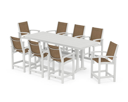 POLYWOOD® Coastal 9-Piece Farmhouse Counter Set with Trestle Legs in White / Burlap Sling