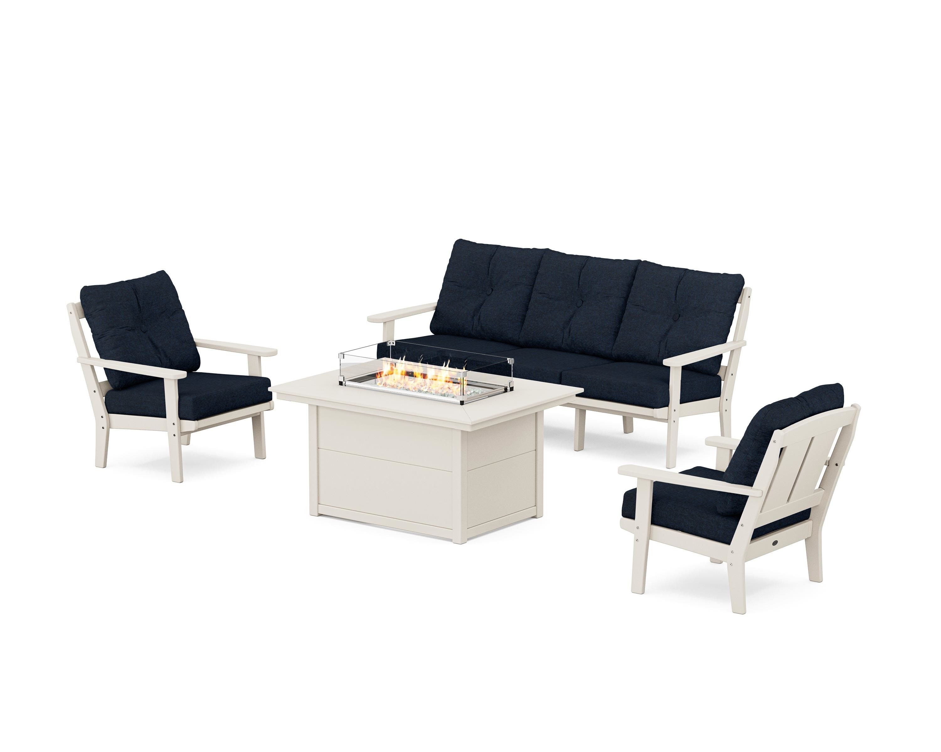 POLYWOOD® Mission Deep Seating Fire Pit Table Set in Sand / Marine Indigo