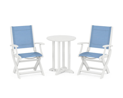 POLYWOOD® Coastal Folding 3-Piece Round Bistro Dining Set in White / Poolside Sling
