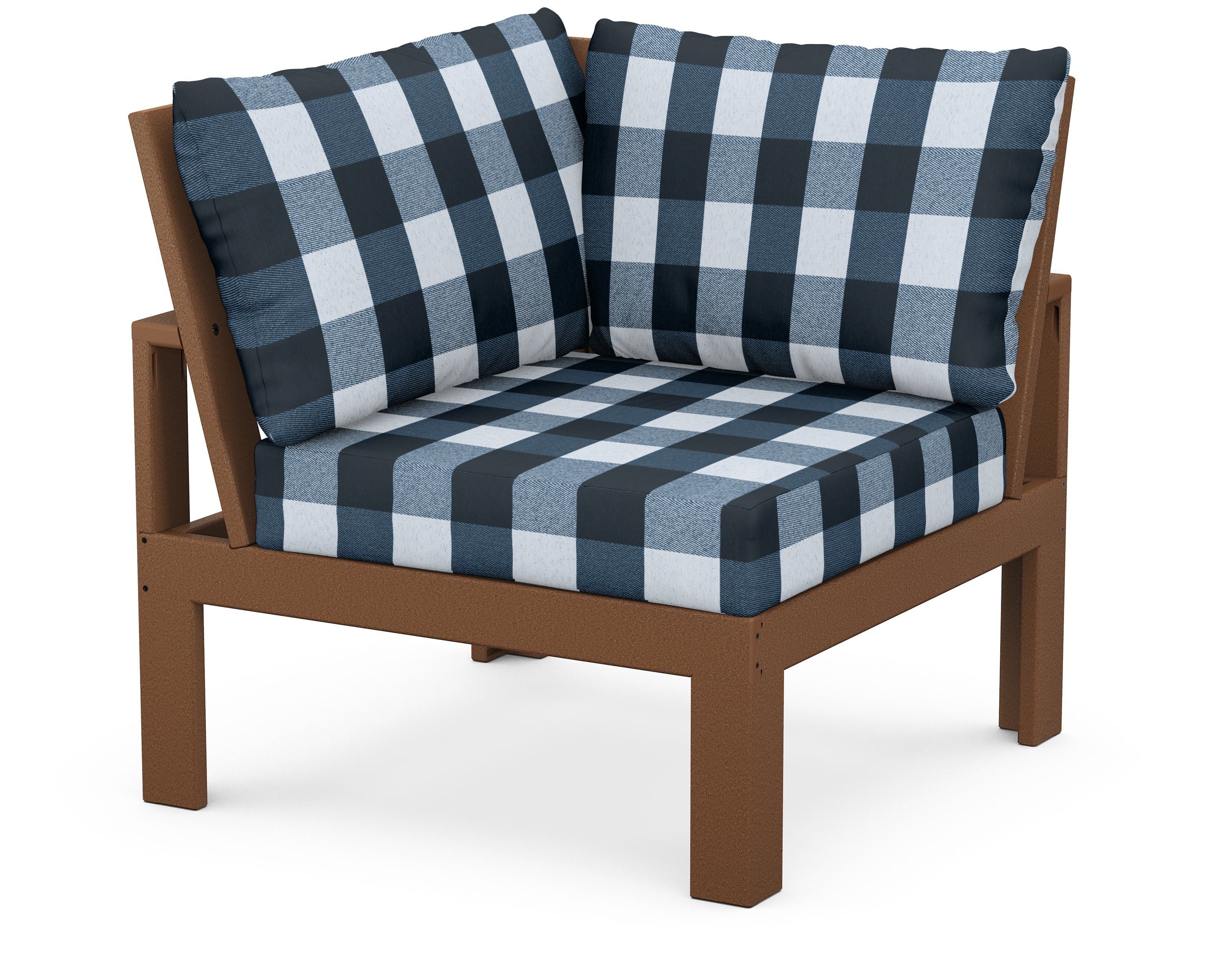 Unbranded Modular Corner Chair in Teak / Buffalo Plaid Marine Indigo