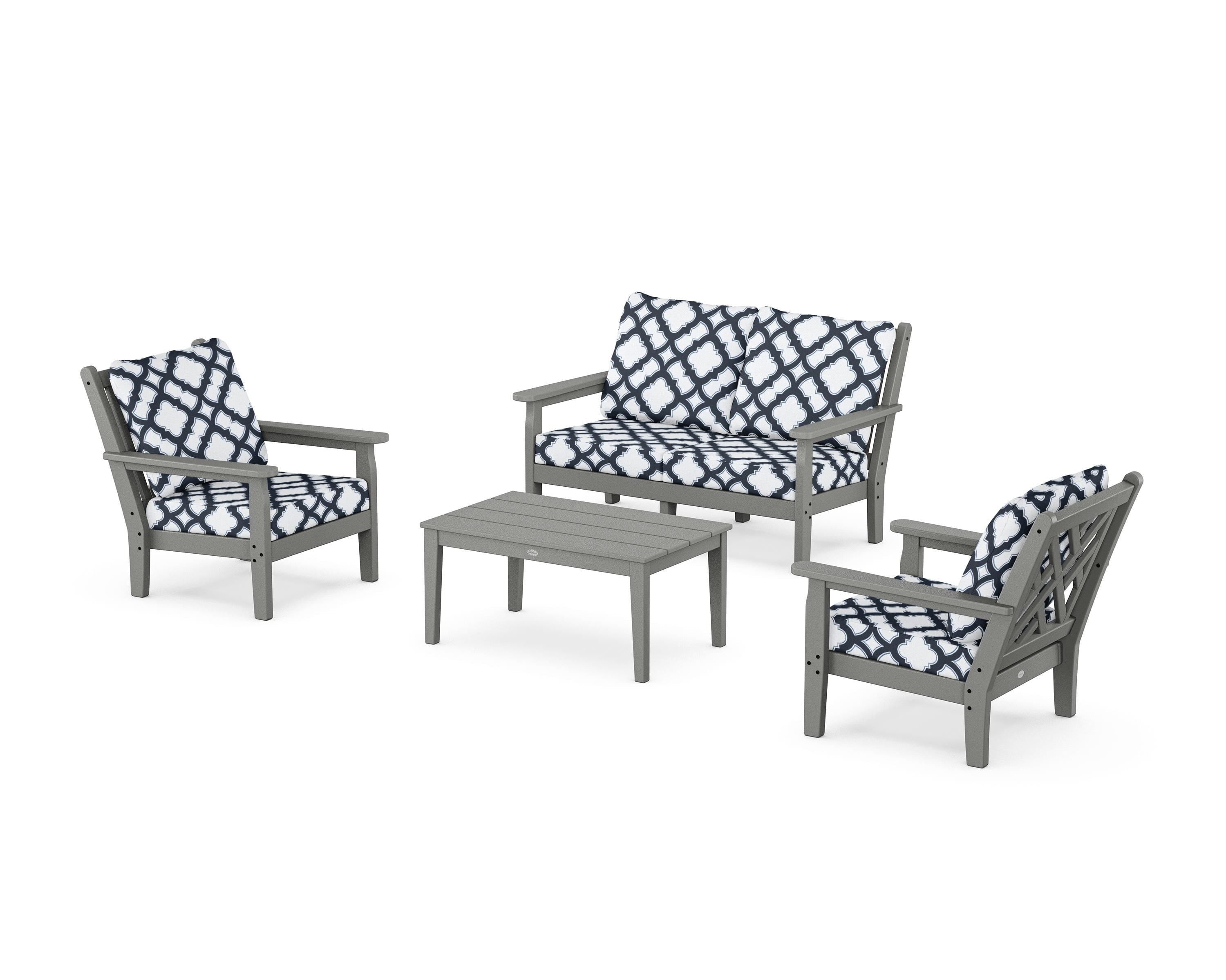 POLYWOOD® Chippendale 4-Piece Deep Seating Set with Loveseat in Slate Grey / Trellis Marine Indigo