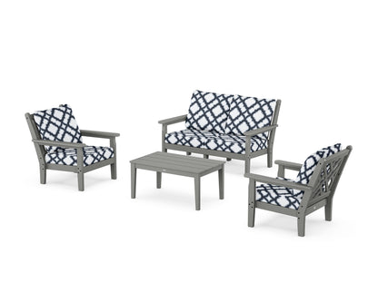 POLYWOOD® Chippendale 4-Piece Deep Seating Set with Loveseat in Slate Grey / Trellis Marine Indigo