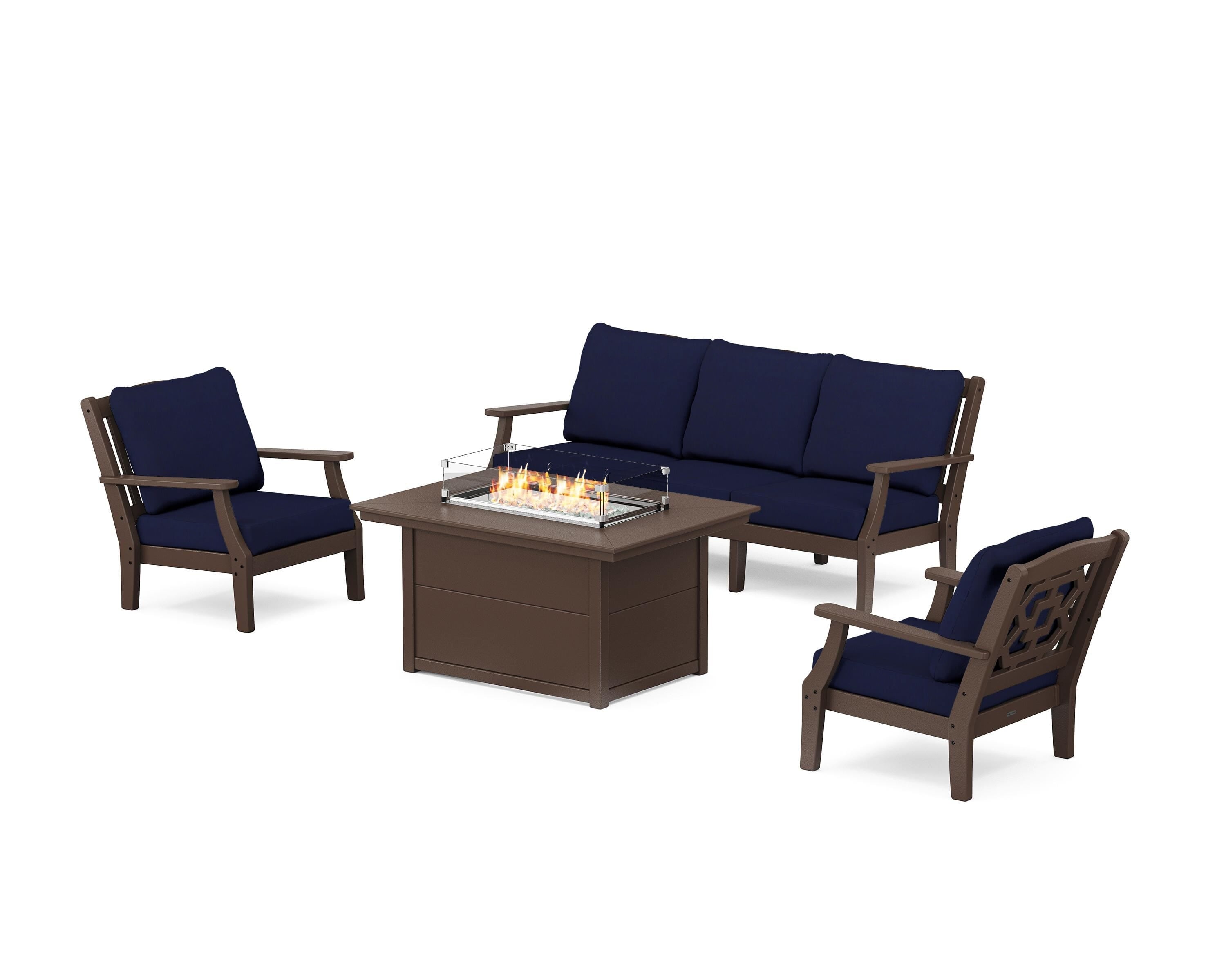 Martha Stewart by POLYWOOD® Chinoiserie Deep Seating Fire Pit Table Set in Mahogany / Navy