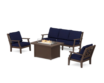 Martha Stewart by POLYWOOD® Chinoiserie Deep Seating Fire Pit Table Set in Mahogany / Navy