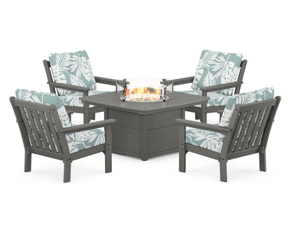 POLYWOOD® Vineyard 5-Piece Conversation Set with Fire Pit Table in Slate Grey / Leaf Glacier Spa