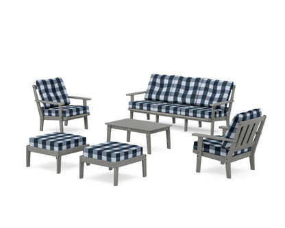 POLYWOOD® Oxford 6-Piece Lounge Sofa Set in Slate Grey / Buffalo Plaid Marine Indigo