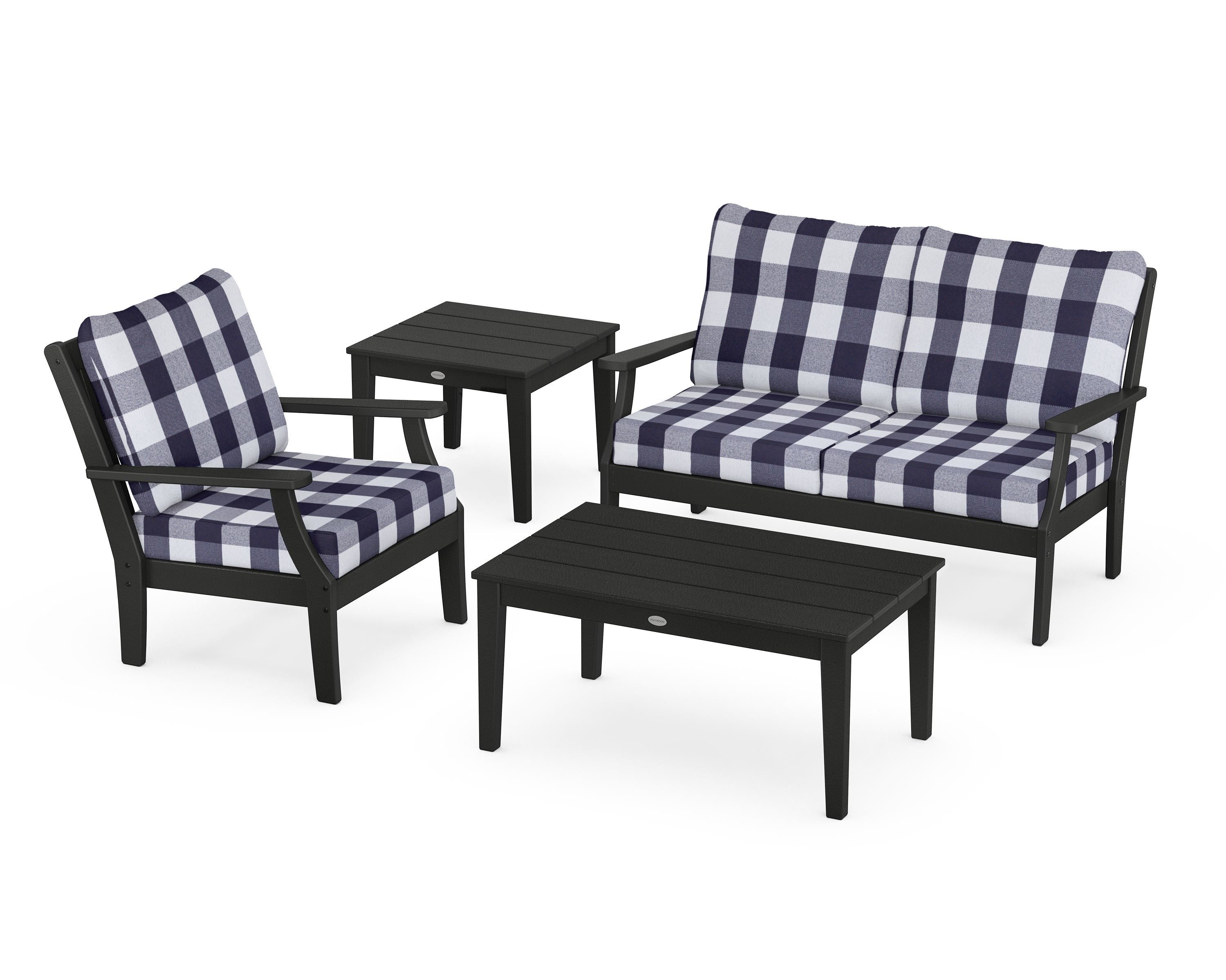 POLYWOOD® Braxton 4-Piece Deep Seating Set in Black / Buffalo Plaid Navy