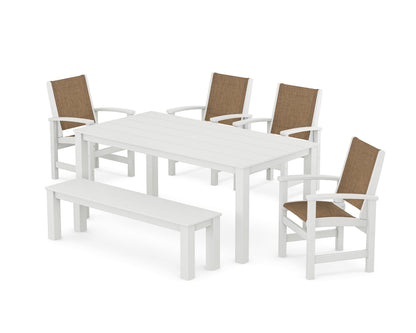 POLYWOOD® Coastal 6-Piece Parsons Dining Set with Bench in White / Burlap Sling