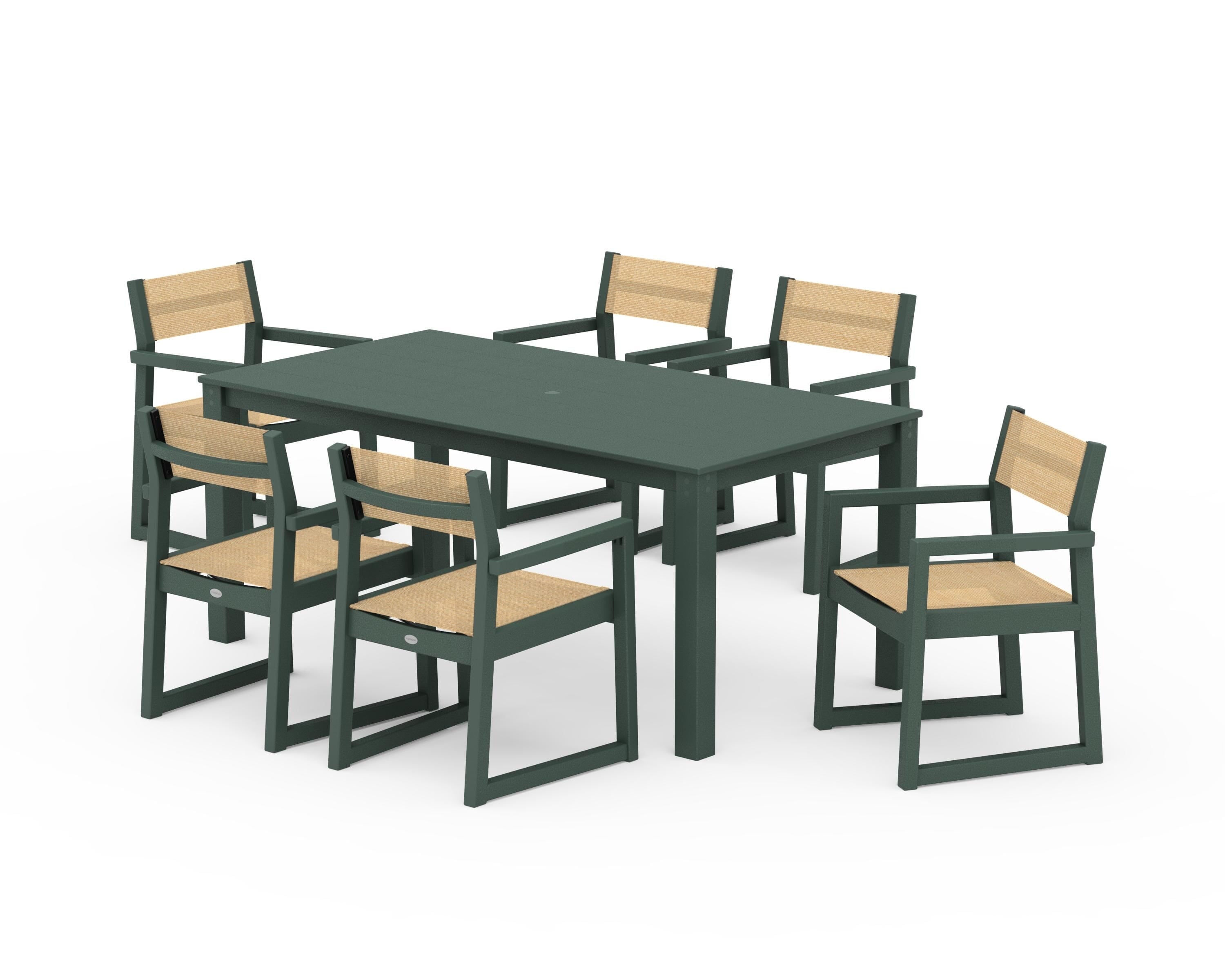 POLYWOOD® EDGE Sling Arm Chair 7-Piece Parsons Dining Set in Green / Dupioni Apricot Sling