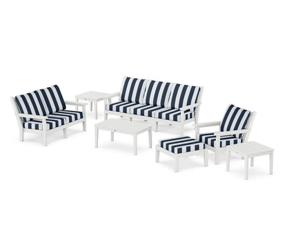 POLYWOOD® Chippendale 7-Piece Deep Seating Set in White / Cabana Stripe Marine Indigo