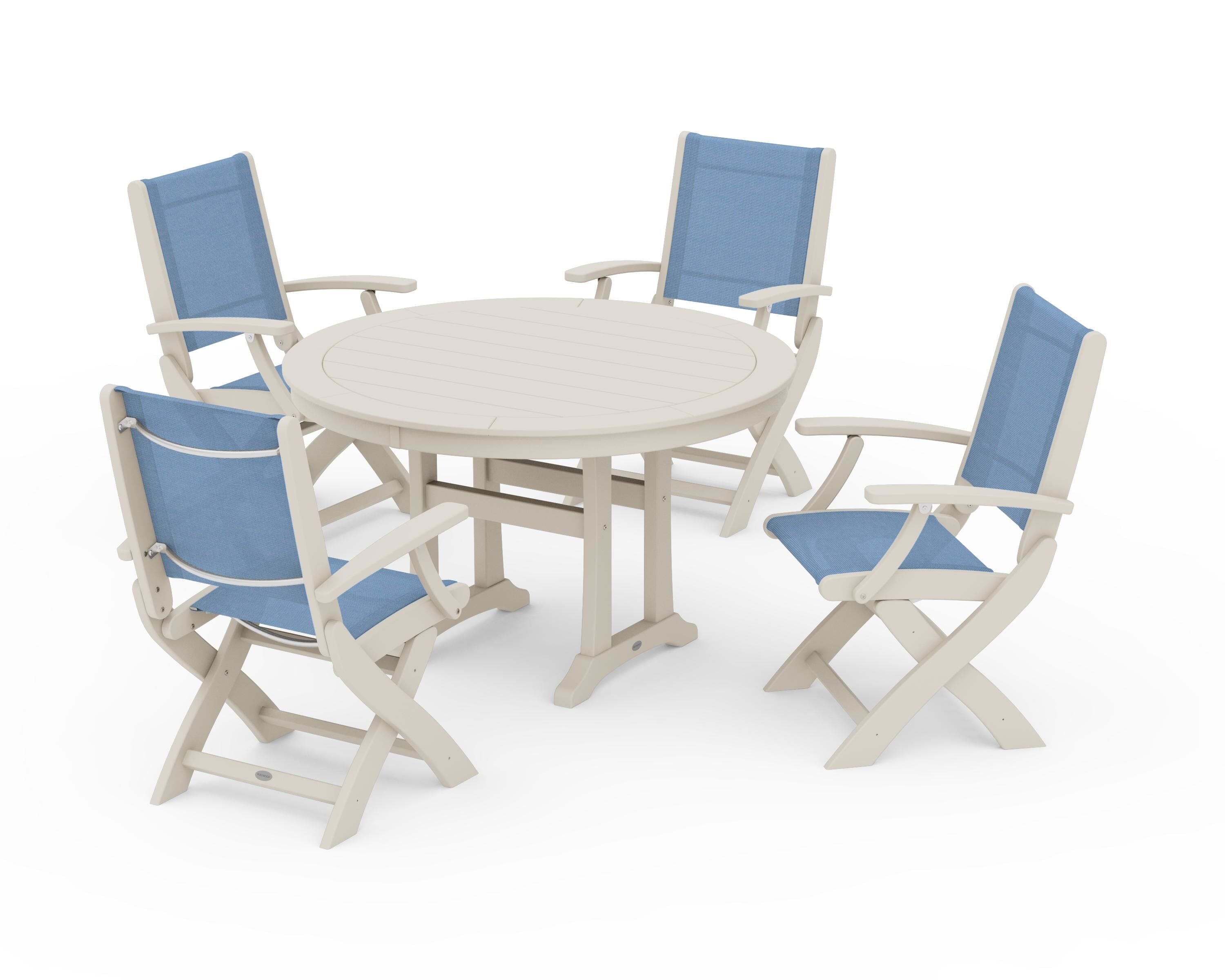 POLYWOOD® Coastal Folding Chair 5-Piece Round Dining Set with Trestle Legs in Sand / Poolside Sling