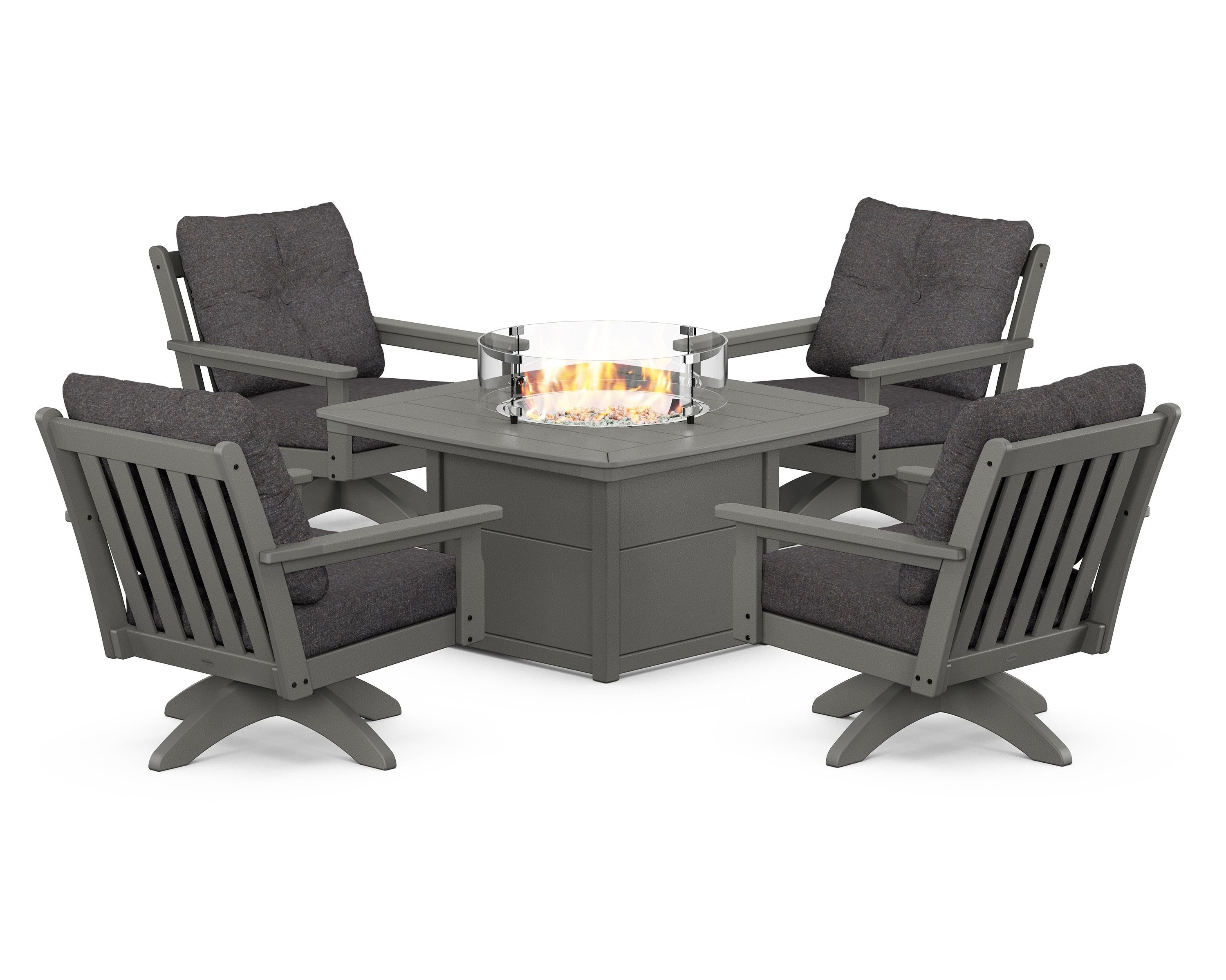 POLYWOOD® Vineyard 5-Piece Deep Seating Swivel Conversation Set with Fire Pit Table in Slate Grey / Ash Charcoal