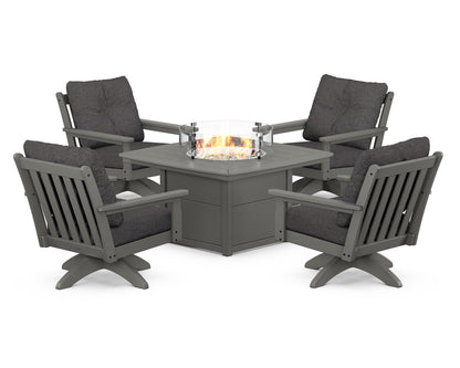POLYWOOD® Vineyard 5-Piece Deep Seating Swivel Conversation Set with Fire Pit Table in Slate Grey / Ash Charcoal