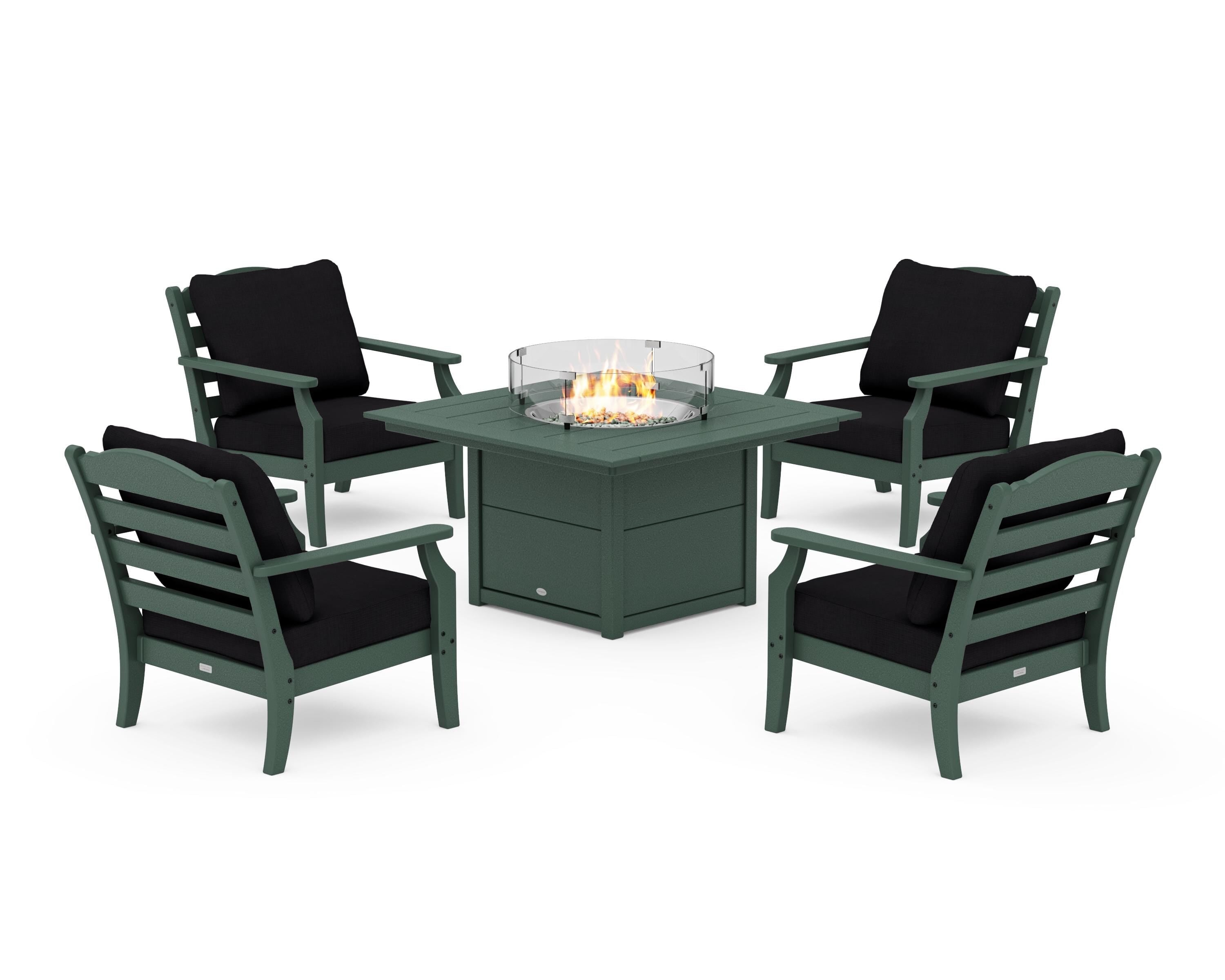 Draper James™ by  POLYWOOD® Savannah 5-Piece Deep Seating Set with Fire Pit Table in Green / Midnight Linen