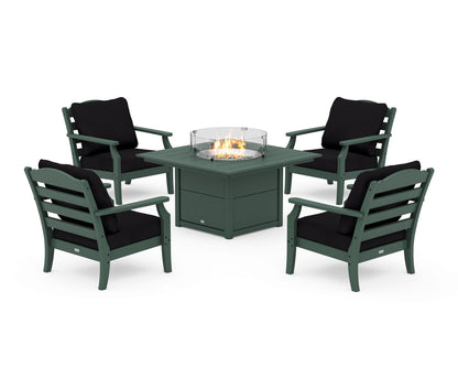 Draper James™ by  POLYWOOD® Savannah 5-Piece Deep Seating Set with Fire Pit Table in Green / Midnight Linen
