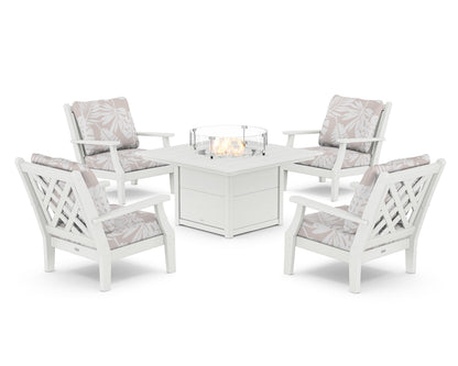 Country Living Wovendale 5-Piece Deep Seating Set with Fire Pit Table in White / Leaf Dune Burlap