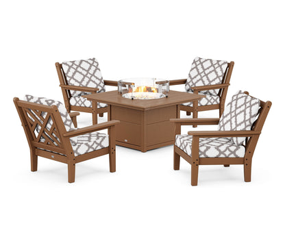 POLYWOOD® Chippendale 5-Piece Deep Seating Set with Fire Pit Table in Teak / Trellis Grey Mist