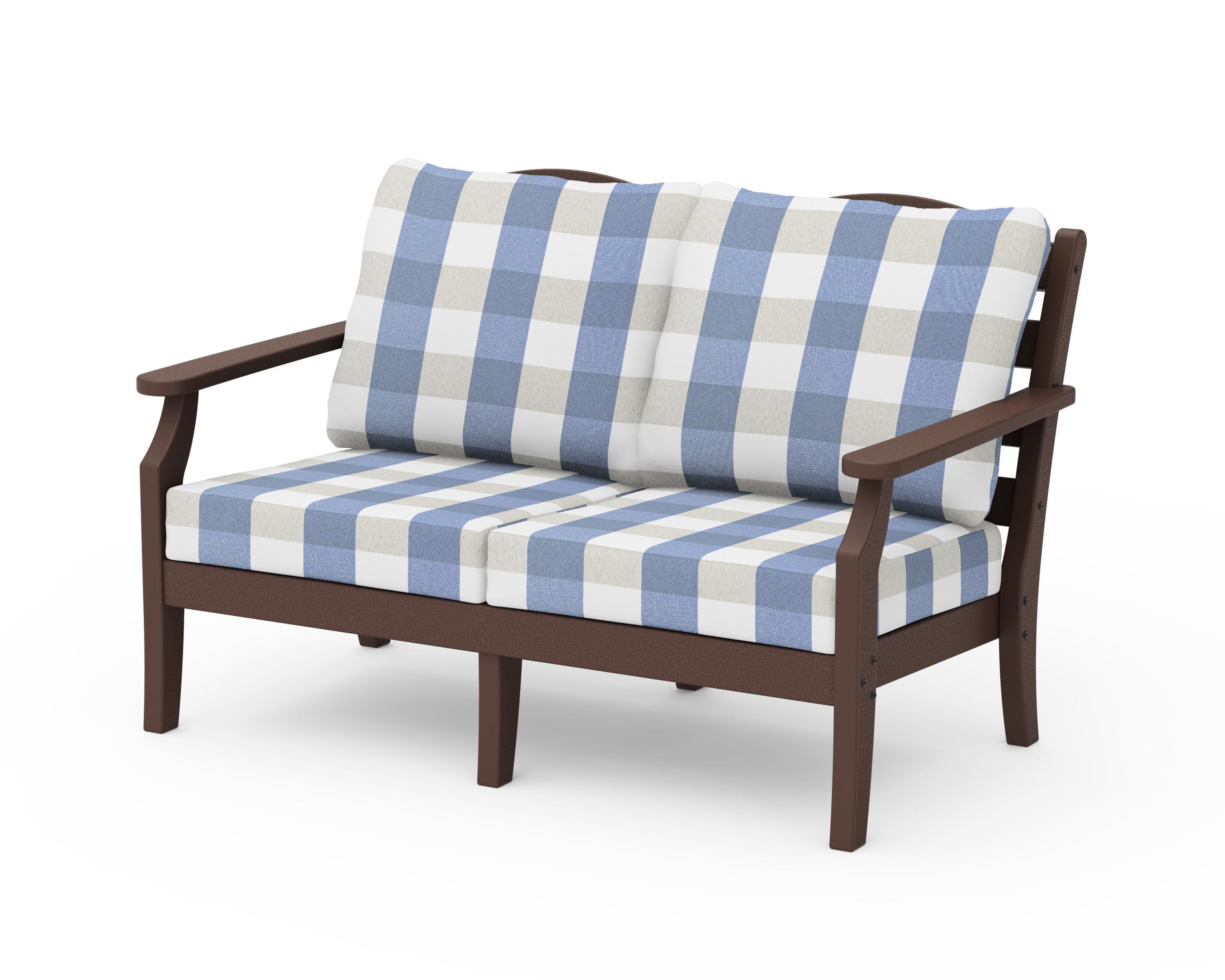 Draper James™ by  POLYWOOD® Savannah Deep Seating Loveseat in Mahogany / Buffalo Plaid Sky Blue