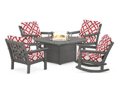 POLYWOOD® Vineyard 5-Piece Deep Seating Rocking Chair Conversation Set with Fire Pit Table in Slate Grey / Trellis Crimson