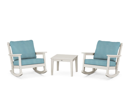 POLYWOOD® Chippendale 3-Piece Deep Seating Rocker Set in Sand / Lattice Sky Blue