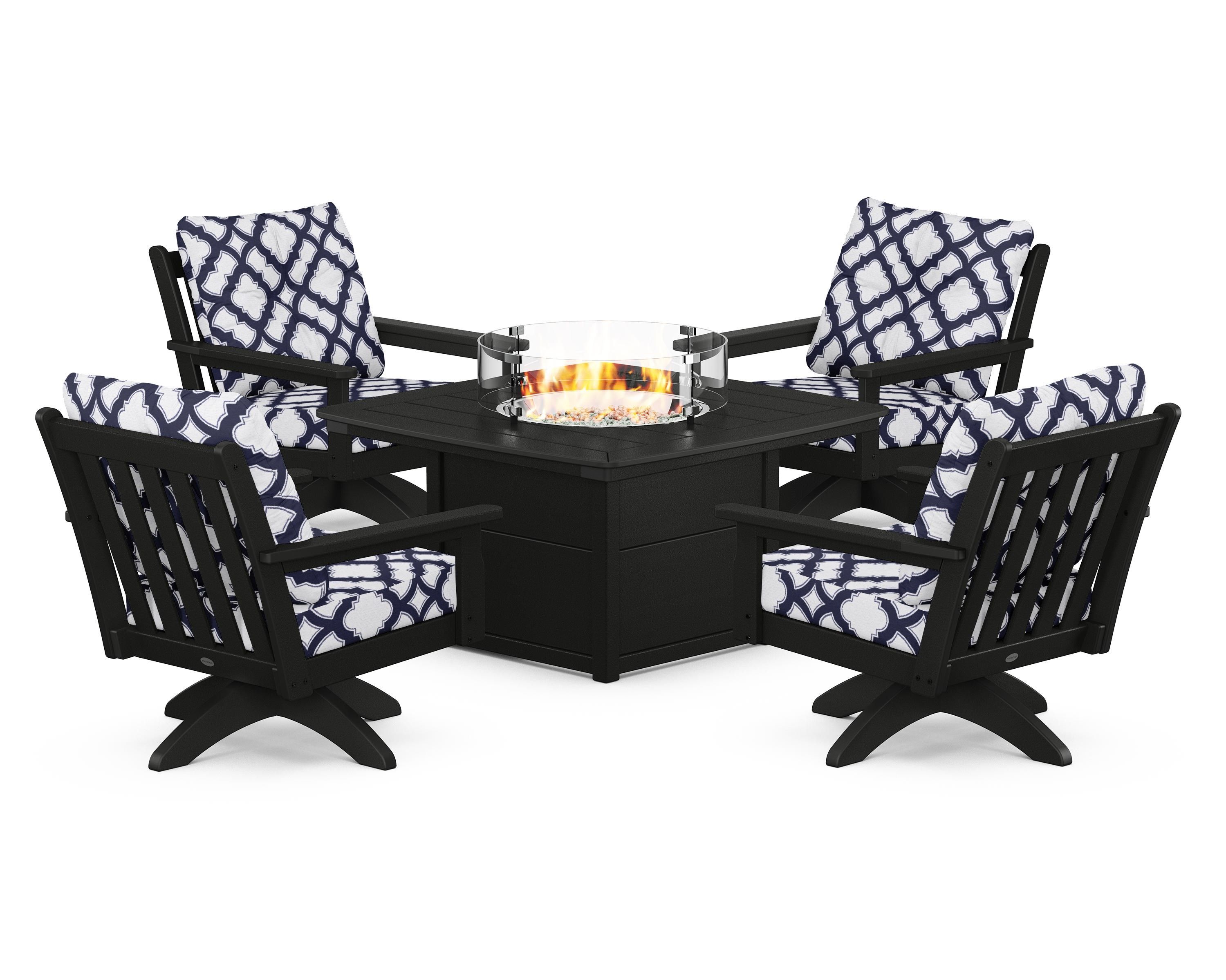POLYWOOD® Vineyard 5-Piece Deep Seating Swivel Conversation Set with Fire Pit Table in Black / Trellis Navy