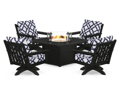 POLYWOOD® Vineyard 5-Piece Deep Seating Swivel Conversation Set with Fire Pit Table in Black / Trellis Navy