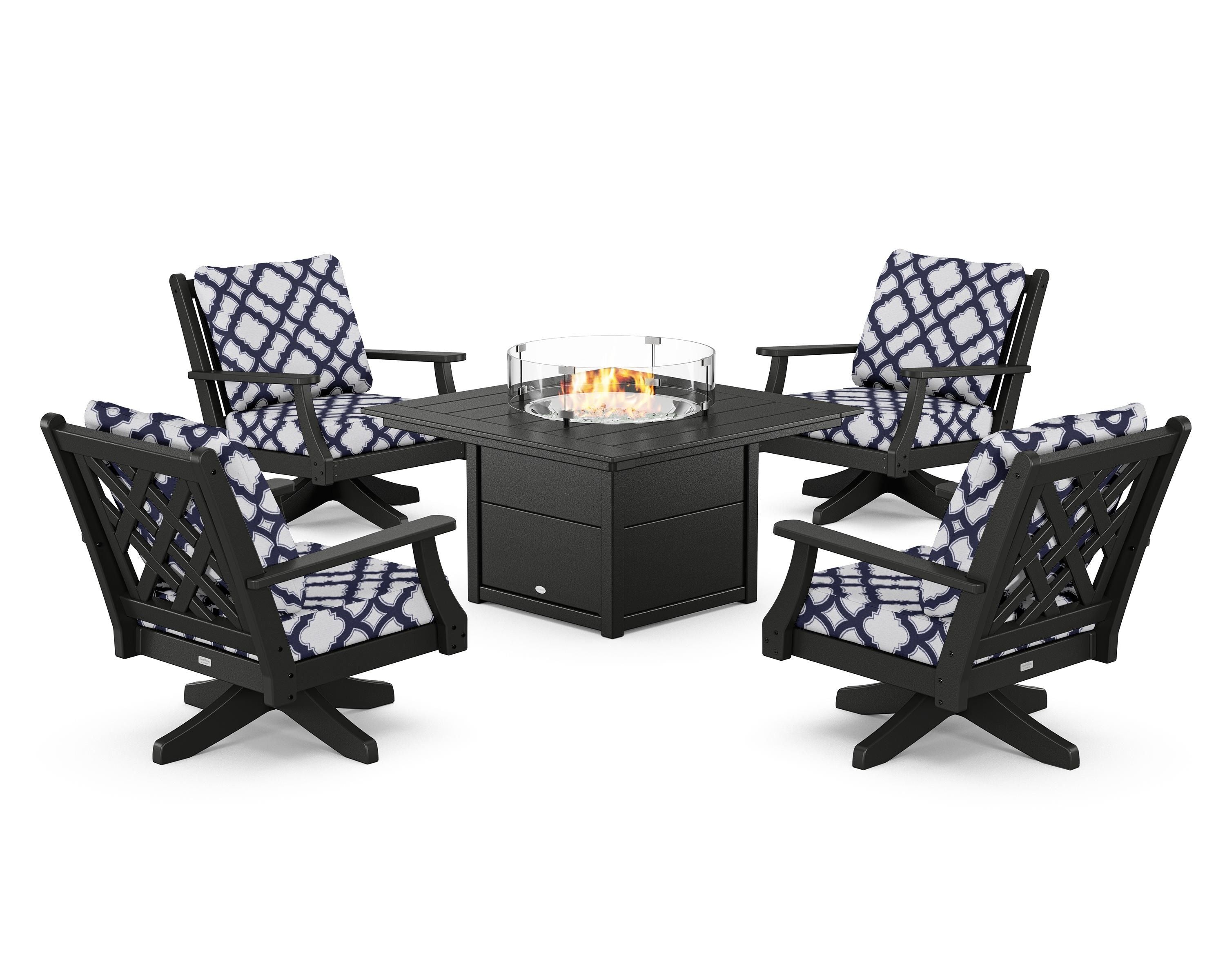 Country Living Wovendale 5-Piece Deep Seating Swivel Conversation Set with Fire Pit Table in Black / Trellis Navy