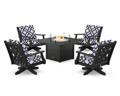 Country Living Wovendale 5-Piece Deep Seating Swivel Conversation Set with Fire Pit Table in Black / Trellis Navy