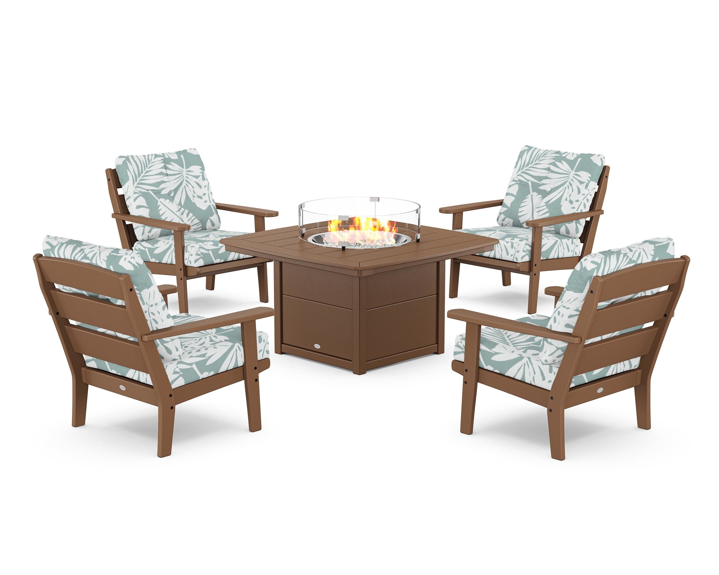 POLYWOOD® Lakeside 5-Piece Deep Seating Set with Nautical Fire Pit Table in Teak / Leaf Glacier Spa