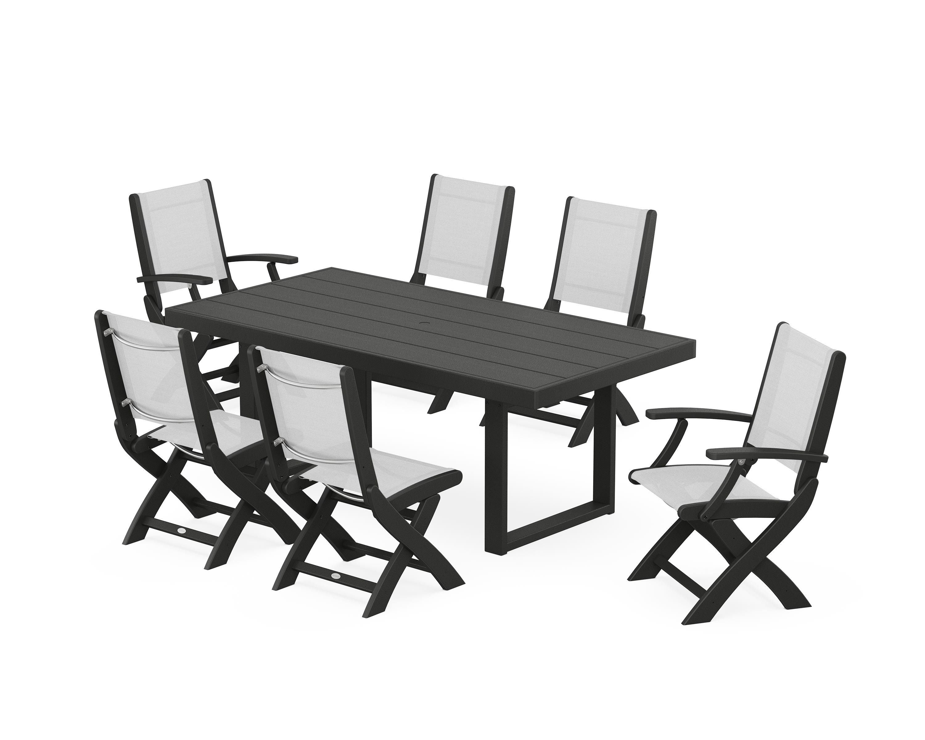 POLYWOOD® Coastal Folding Chair 7-Piece Dining Set with Trestle Legs in Black / White Sling
