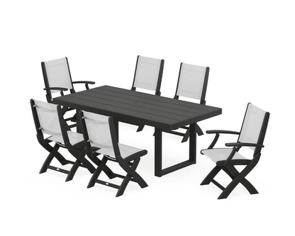 POLYWOOD® Coastal Folding Chair 7-Piece Dining Set with Trestle Legs in Black / White Sling