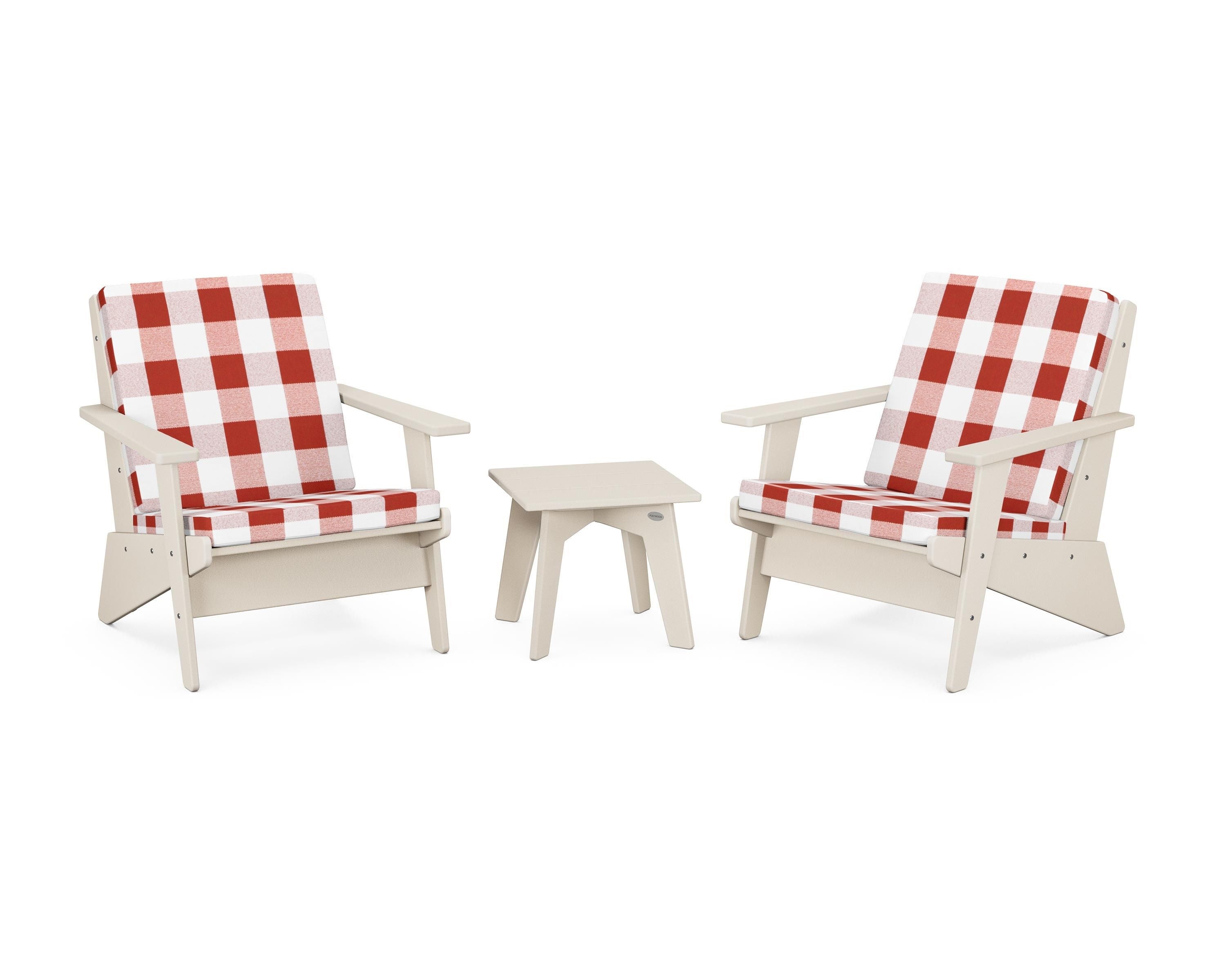 POLYWOOD® Riviera Modern Lounge 3-Piece Set in Sand / Buffalo Plaid Crimson