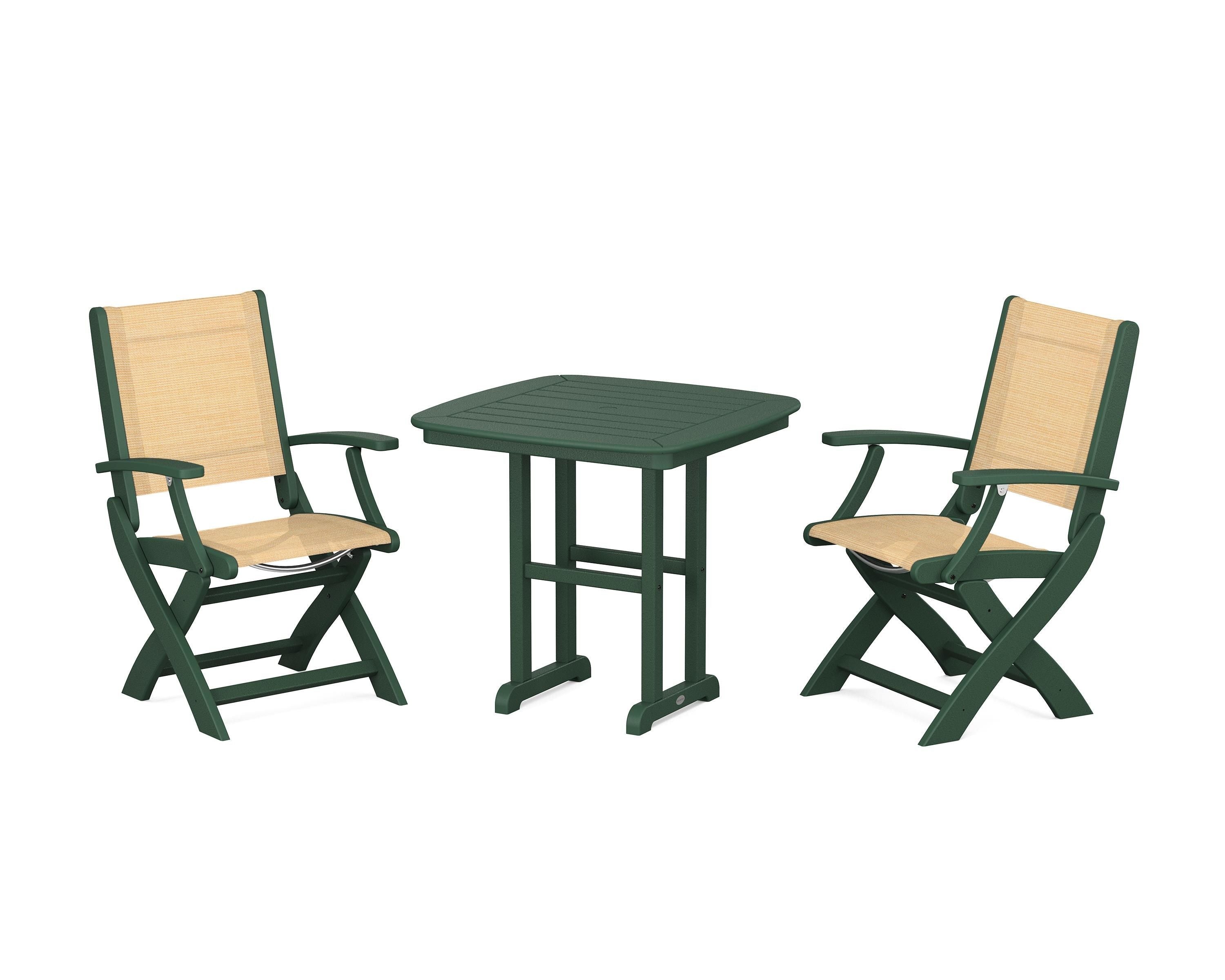 POLYWOOD® Coastal Folding Chair 3-Piece Dining Set in Green / Dupioni Apricot Sling