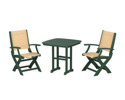 POLYWOOD® Coastal Folding Chair 3-Piece Dining Set in Green / Dupioni Apricot Sling