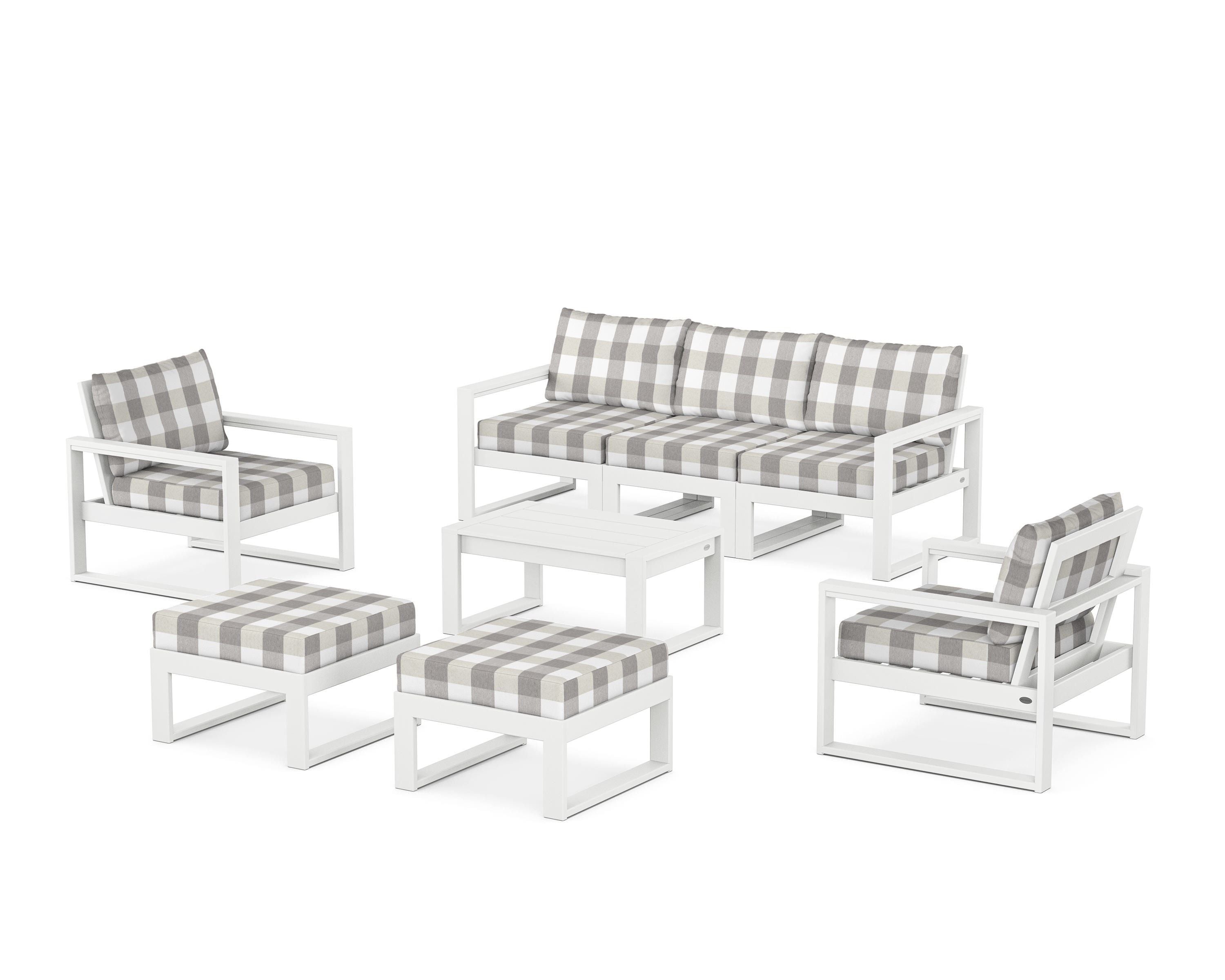 POLYWOOD® EDGE Sectional 8-Piece Lounge Sofa Set in White / Buffalo Plaid Grey Mist