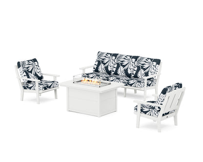 POLYWOOD® Mission Deep Seating Fire Pit Table Set in White / Leaf Marine Indigo