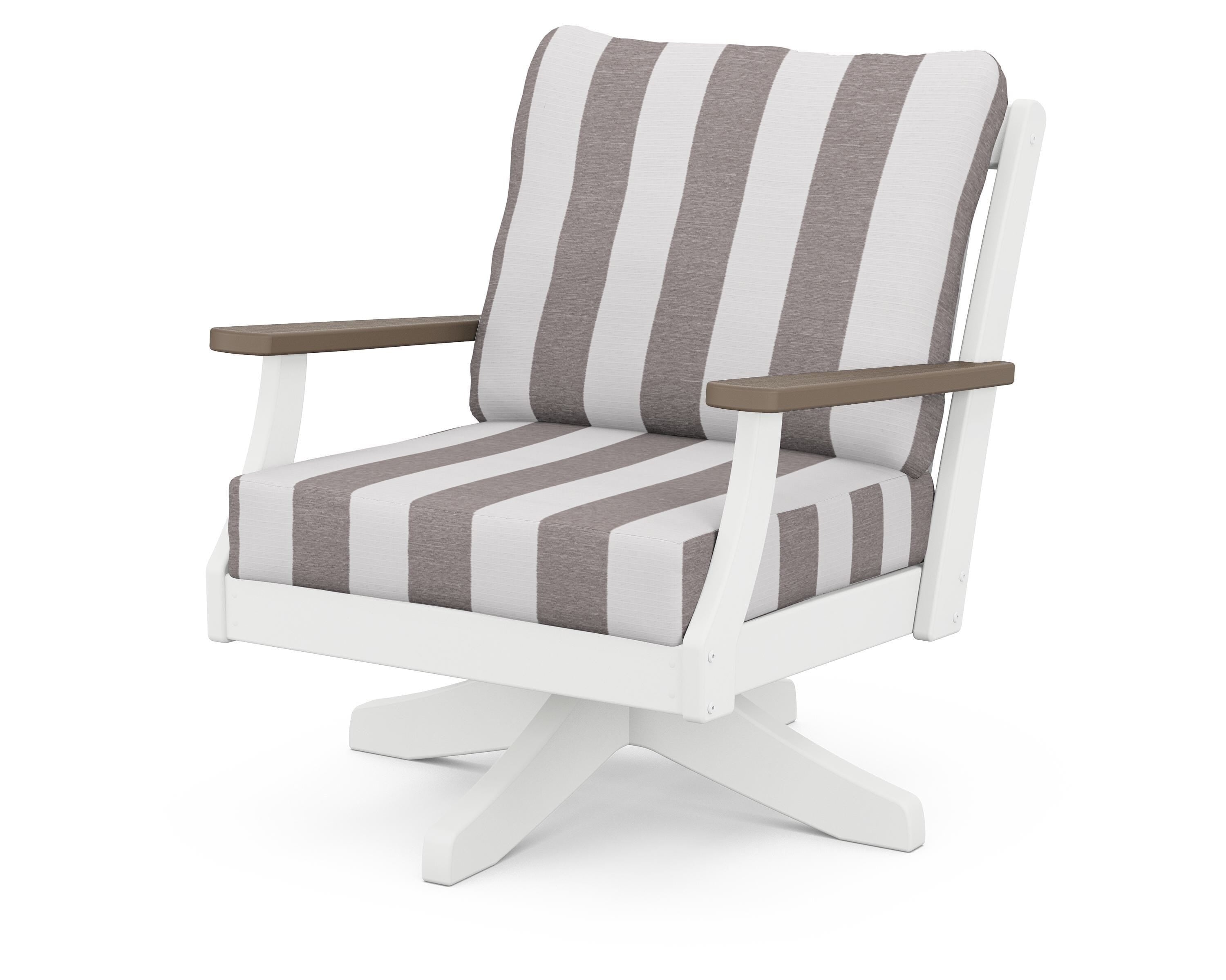 POLYWOOD® Braxton Deep Seating Swivel Chair in White / Kona / Cabana Stripe Grey Mist