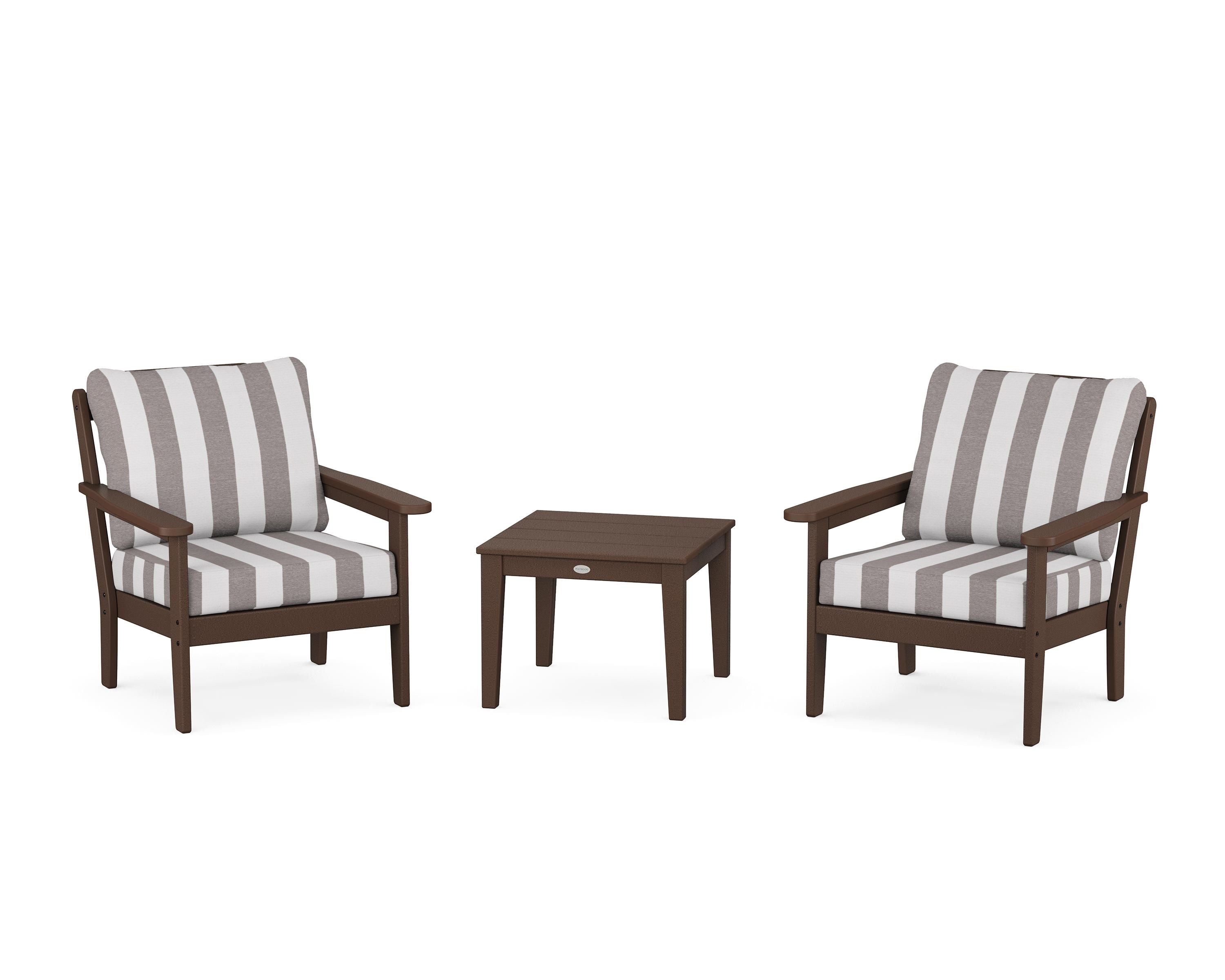Country Living Cottage 3-Piece Deep Seating Set in Mahogany / Cabana Stripe Grey Mist