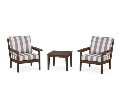 Country Living Cottage 3-Piece Deep Seating Set in Mahogany / Cabana Stripe Grey Mist