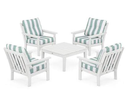 POLYWOOD® Vineyard 5-Piece Deep Seating Conversation Set in White / Cabana Stripe Glacier Spa