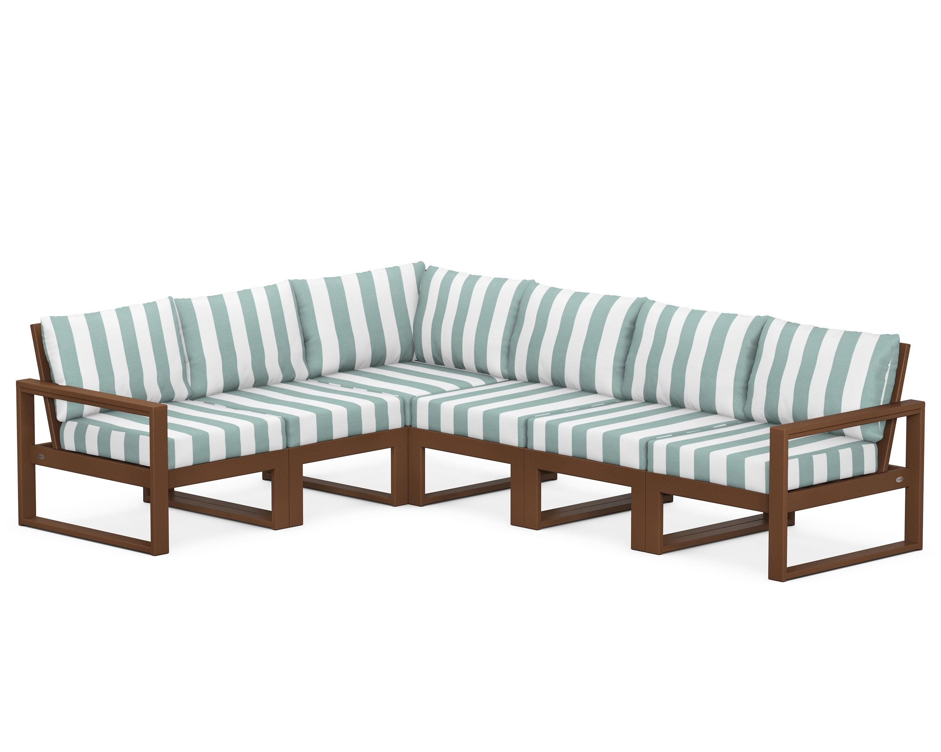 POLYWOOD® EDGE 6-Piece Modular Deep Seating Set in Teak / Cabana Stripe Glacier Spa