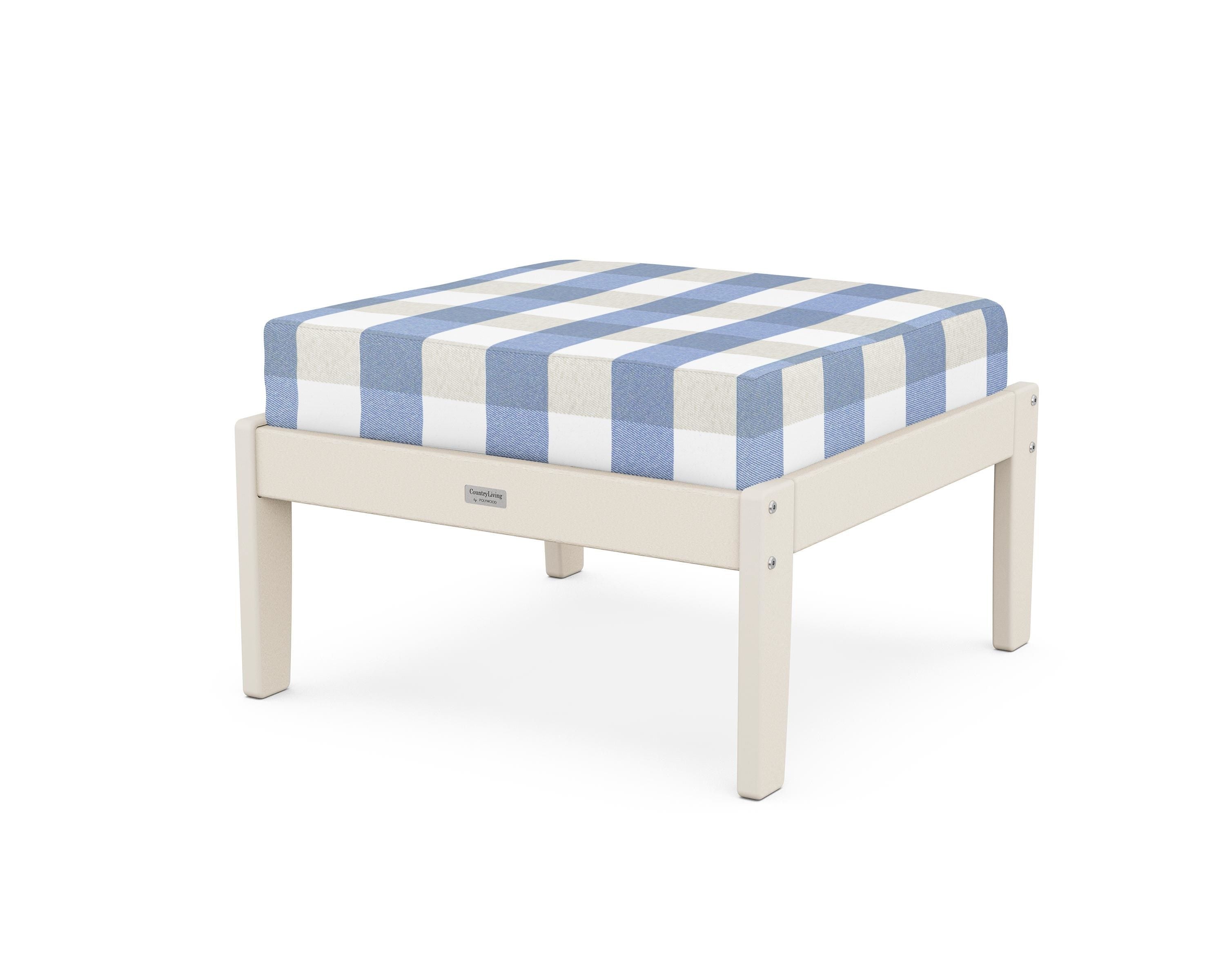 Country Living Cottage Deep Seating Ottoman in Sand / Buffalo Plaid Sky Blue