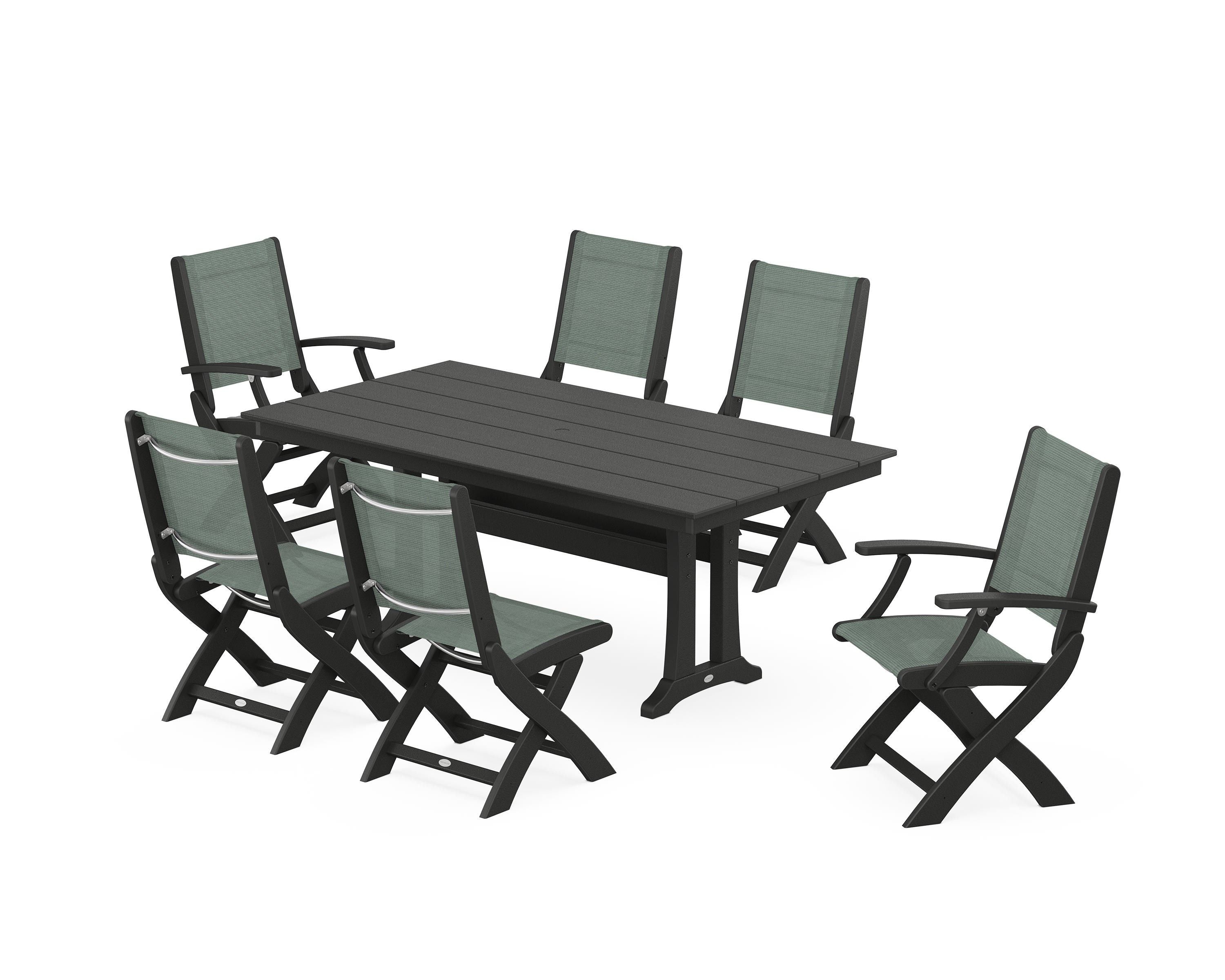 POLYWOOD® Coastal Folding Chair 7-Piece Farmhouse Dining Set with Trestle Legs in Black / Dupioni Sea Mist Sling