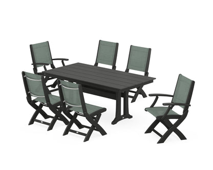 POLYWOOD® Coastal Folding Chair 7-Piece Farmhouse Dining Set with Trestle Legs in Black / Dupioni Sea Mist Sling