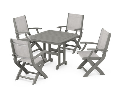 POLYWOOD® Coastal Folding Chair 5-Piece Dining Set in Slate Grey / Parchment Sling
