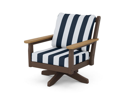 POLYWOOD® Chippendale Deep Seating Swivel Chair in Mahogany / Natural / Cabana Stripe Marine Indigo